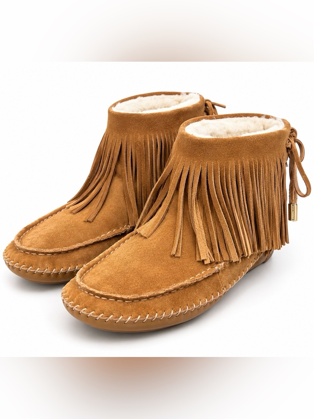 Tory Burch Hilary Suede Fringe Shearling-Lined Ankle Boots Chestnut Size 10